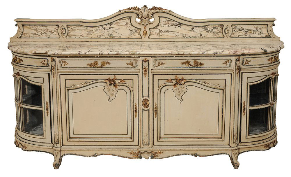 Louis XV Style Gilt Marble-Top: Painted and Parcel Server French, late 19th century, marble-inset carved and painted backsplash over heavily variegated matching marble top, white and blue painted case with gilt details and gilt bron