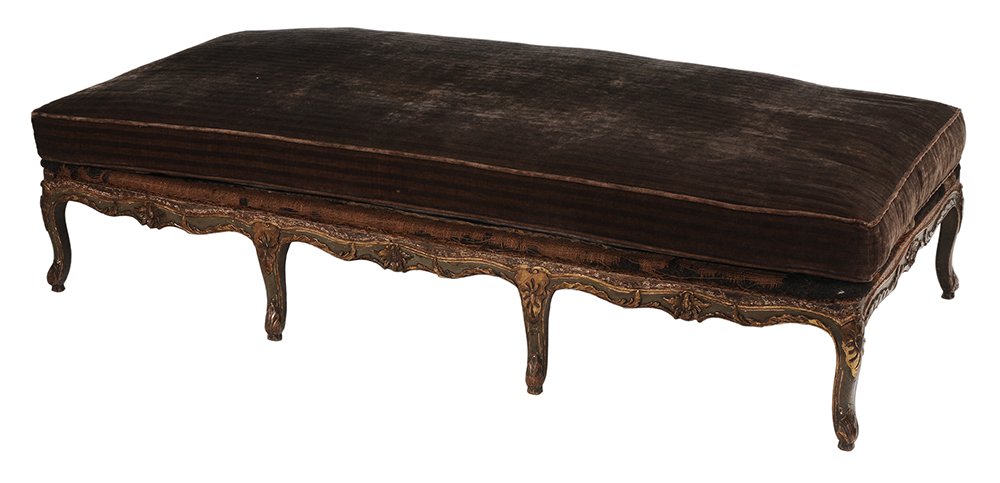 Louis XV Style Carved Painted and: Parcel Gilt Day Bed Italian, 19th century, leaf carved frame with gilding on blue green ground, pinned construction, 13 x 76-1/2 x 33 in. (without cushion), currently unupholstered, surface wear and l