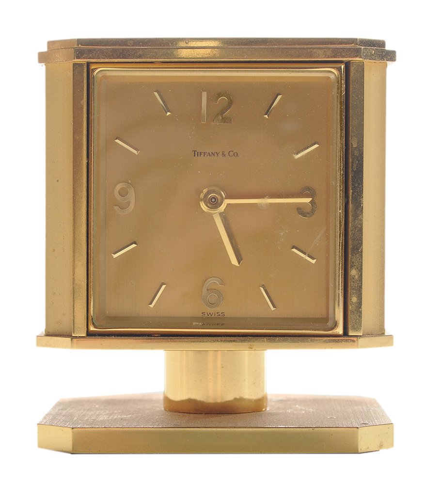 Tiffany & Co. Brass Hydrometer,: Thermometer, Barometer, Weather Station Desk Clock Swiss, made for Tiffany & Co., monogram on top "xoxoxo R.H.H. 9-8-86", octagonal brass case with four-panel revolving glass front containing a quartz