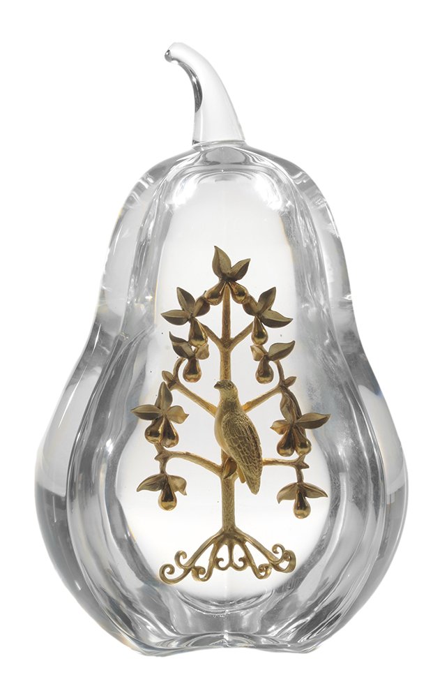 Steuben Glass and 18 Kt. Gold: Partridge in a Pear Tree Sculpture American, 20th century, designed by Lloyd Atkins, 1968, Model 1014, clear glass pear, slice with applied 18 Kt. gold partridge in a pear tree, "Steuben" in script an