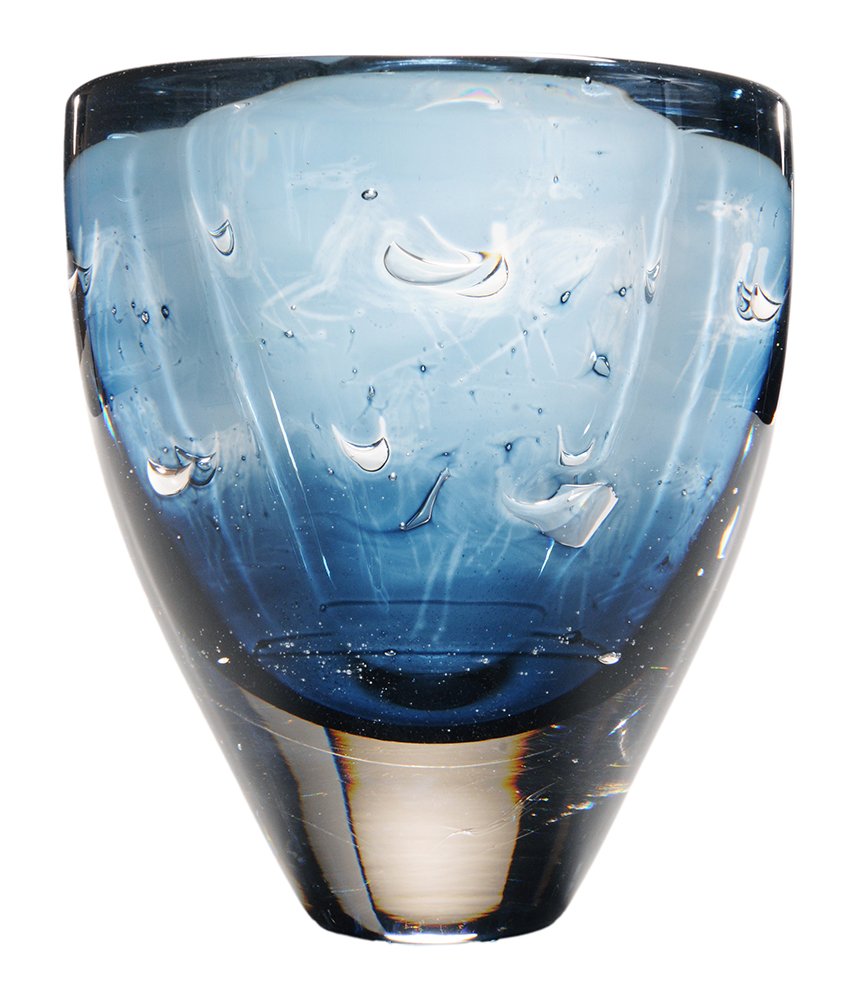 Ingeborg Lundin: (Sweden, 1921-1992) Orrefors blue-to-clear glass vase with tapering body, base signed and numbered "Orrefors Ariel NV 230-6/Ingeborg Lundin", 7-1/2 x 6-1/2 in., light scratches to base. Provenance: Pr