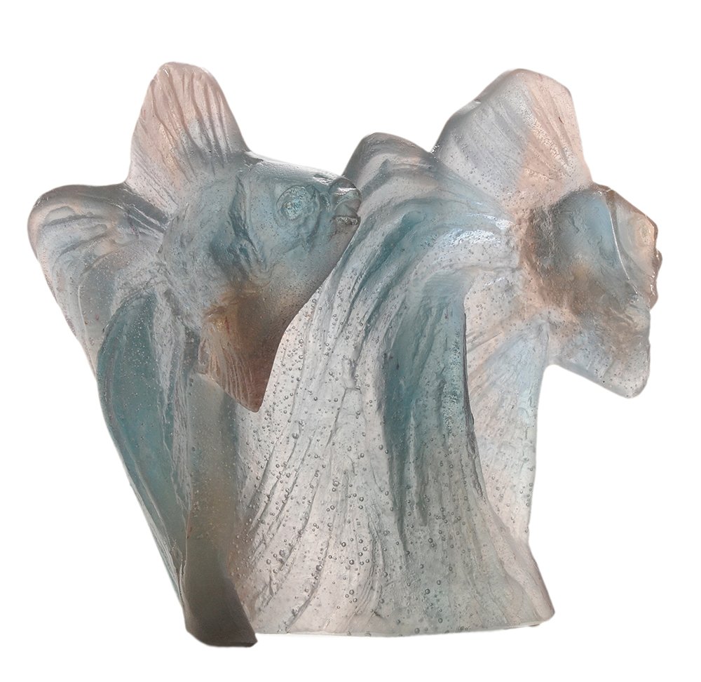 Daum [Paté de Verre] Glass Angelfish: Daum France Cyprins Dores designed by Christian PoincignonFrench, 20th century, gray-to-rose molded glass depicting two angelfish swimming over sea grass, base signed "Daum" and "Pounci Puron(?)", 6-1