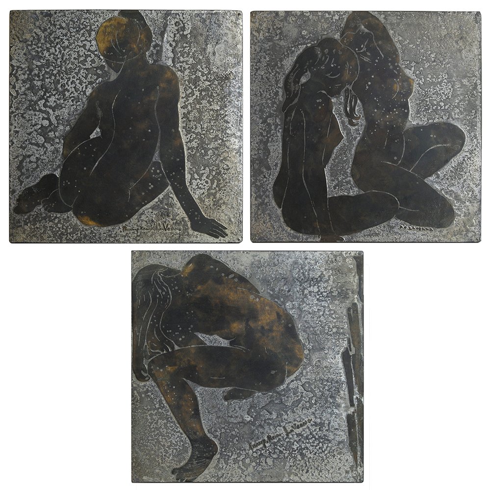 Philip and Kelvin La Verne: (American, early 20th century) set of three etched bronze wall plaques depicting nude figures: one with two seated nudes, signed lower right "P. K. La Verne" (Philip La Verne, 1907-1987), 10 x 10 in.;