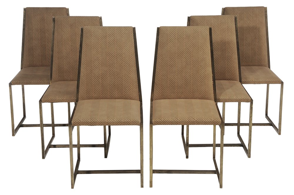 Set of Six Milo Baughman Style: Brass Dining Chairs Spanish, circa 1970s, each with brass frame with stretcher base, herringbone upholstery, 39-1/4 x 19 x 21 in., brass frames with some surface dirt and distress with light corrosion
