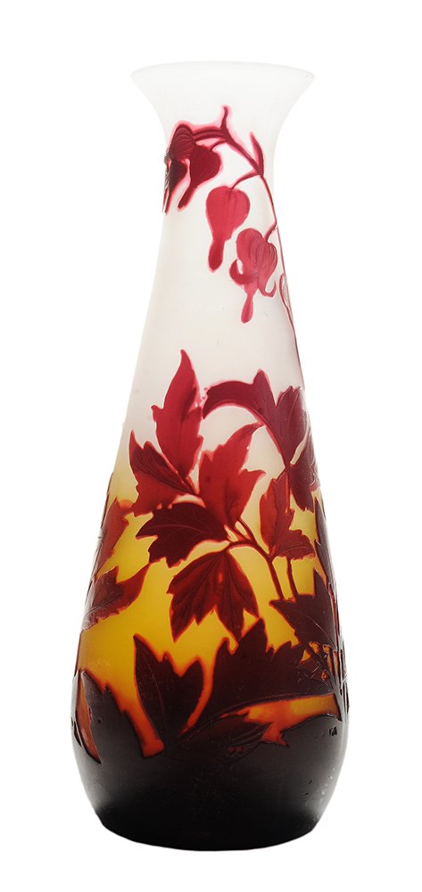 Gallé Wheel-Carved Cameo Glass: Bleeding Heart Vase French, late 19th/early 20th century, clear frosted to amber ground, wheel carved bleeding heart flowers with leaves and stems, signed on lower body "Gallé", 9-7/8 in., light scra