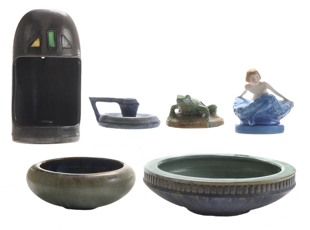 Six Pieces Fulper Art Pottery: American, early 20th century: two-part ballerina perfume lamp, 5-1/4 in.; beehive-form purple-glazed dome-top candleholder, inset geometric glass panels, 10-3/4 in.; blue unmarked chamber stick, 2-1/4