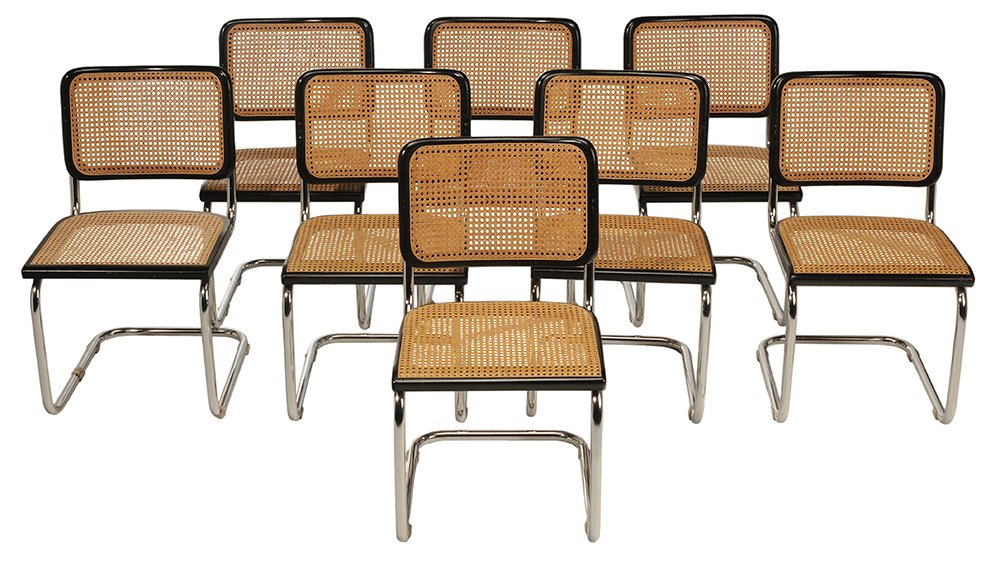 Set of Eight Chrome, Cane and: Ebonized Dining Chairs late 20th century, each with sprung chromed frame, caned back and seat, 31-1/2 x 18 x 21-3/4 in., generally good condition with surface wear and abrasions to frames, caning good
