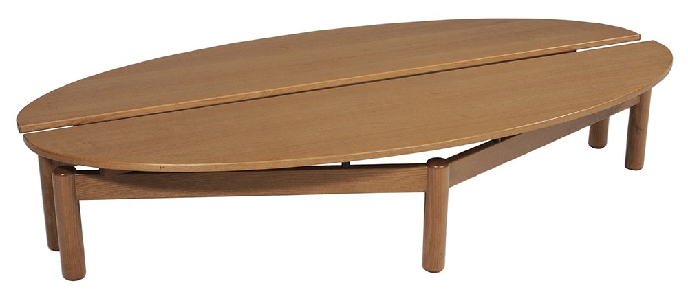 Pair of Cassina Demilune "Sinbad": Tables Italian, 20th century, designed by Vico Magistretti, each with label for Cassina, rounded tops on triangular bases with turned legs, 15 x 72-3/4 x 18 in. good condition with very light surface