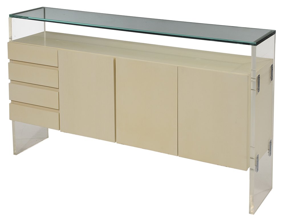 Milo Baughman for Thayer Coggins: Credenza circa 1970s, Lucite, glass and white lacquer, original label, cream-painted case with four drawers and three cabinet doors opening to two additional slides, Lucite ends and heavy glass top, 3