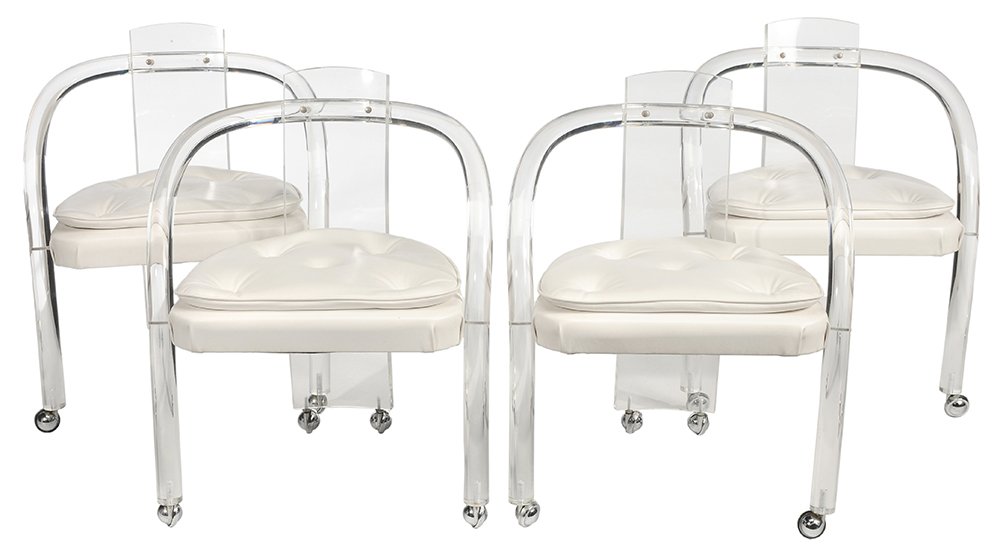 Set of Four Lucite Armchairs: attributed to Charles Hollis Jones, tufted upholstery, 29-1/2 x 23-1/2 x 21 in., good condition with typical light wear and scratches, minor corrosion to casters