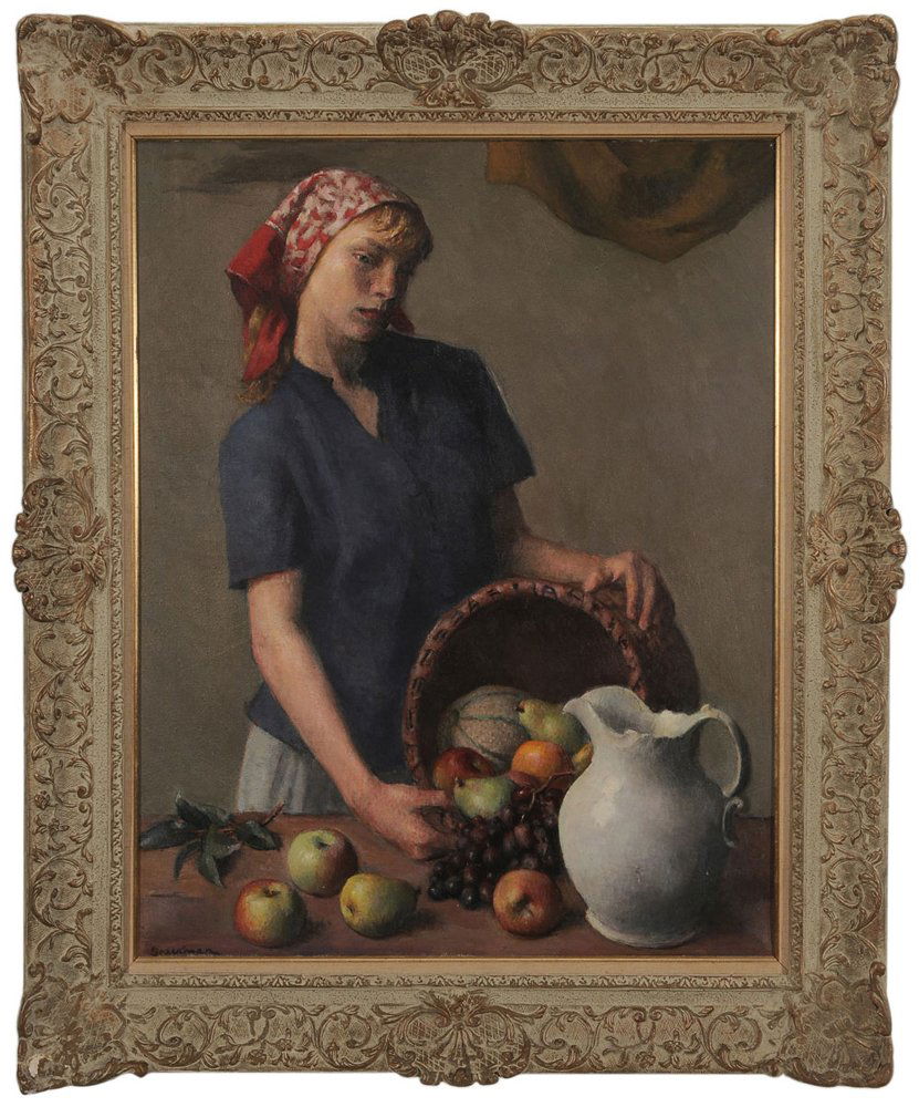 Robert Brackman: (New York, 1898-1980) Arrangement #7 with Figure, signed lower left "Brackman" and signed, inscribed and titled verso canvas, oil on canvas, 36-1/8 x 28-1/4 in.; paint washed gilt wood frame,