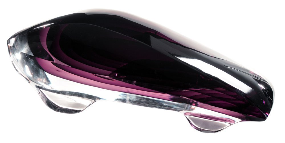 Pinot Signoretto: (Italian, 1944-circa 1988) sculptural clear-to-aubergine car, back signed "Pinot Signoretto", possibly produced by Elio Raffaeli, underside inscribed "To Ed Love Terrie Venice 1988", 7 x 18-1/2 x 9 in