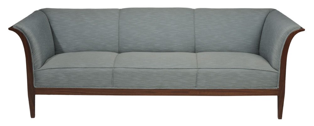 Frits Henningsen Designed Danish: Modern Sofa 20th century, mahogany-frame set with pale blue modern upholstery, 30 x 88-1/2 x 33 in.,