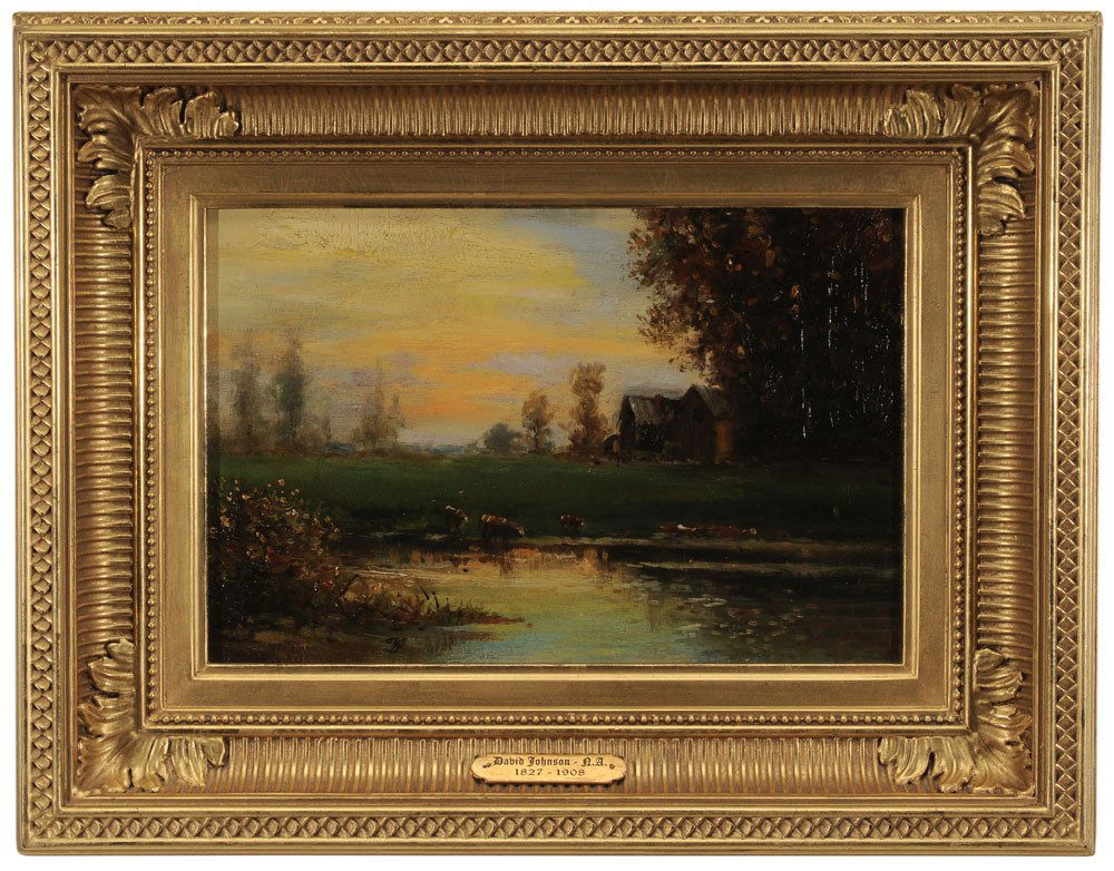 David Johnson: (New York, 1827-1908) Autumn Farm Landscape, signed lower right conjoined monogram "DJ", oil on fiber board, 8-1/8 x 11-3/4 in.; fine gilt wood and composition frame by Motyka,