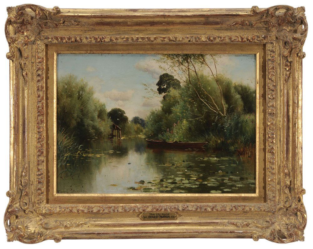 Ernest Parton: (New York/England, 1845-1933) The Lily Pond, signed lower left "Ernest Parton", oil on canvas board, 10 x 14 in.; carved and gilt wood frame by Hendenryk,