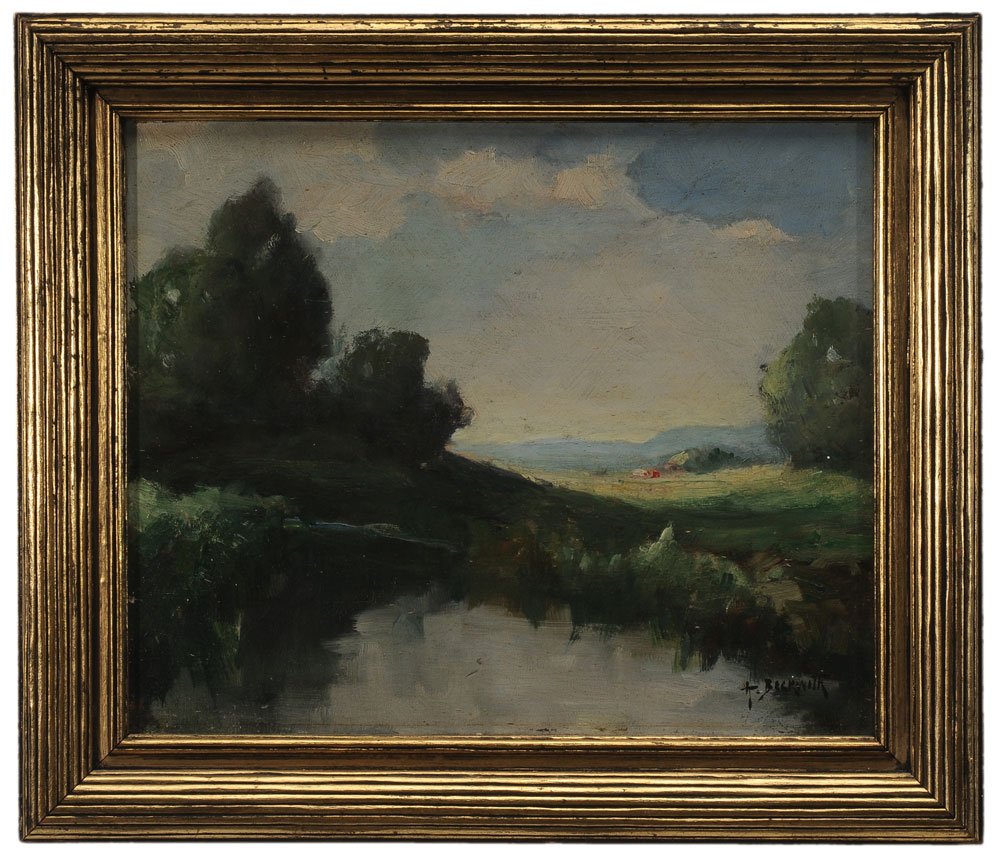 Arthur Beckwith: (New York/California, 1860-1930) River Landscape, signed lower right "A. Beckwith", oil on plywood, 9-1/8 x 11 in.; original fluted gilt wood frame,