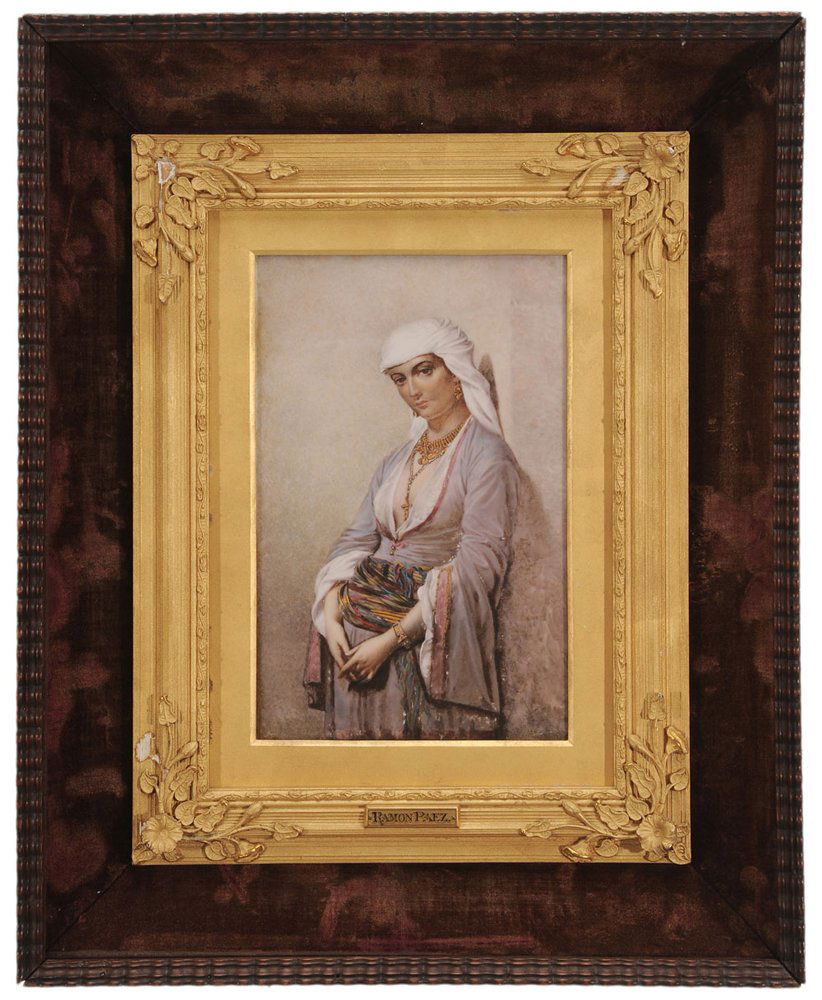 Ramón Páez: (New York/Venezuela, 1820–1897) Arabic Woman, unsigned, gouache on thin porcelain panel, 9-7/8 x 7-1/4 in.; possibly original fine gilt wood and composition frame within a velvet lined ripple moldin