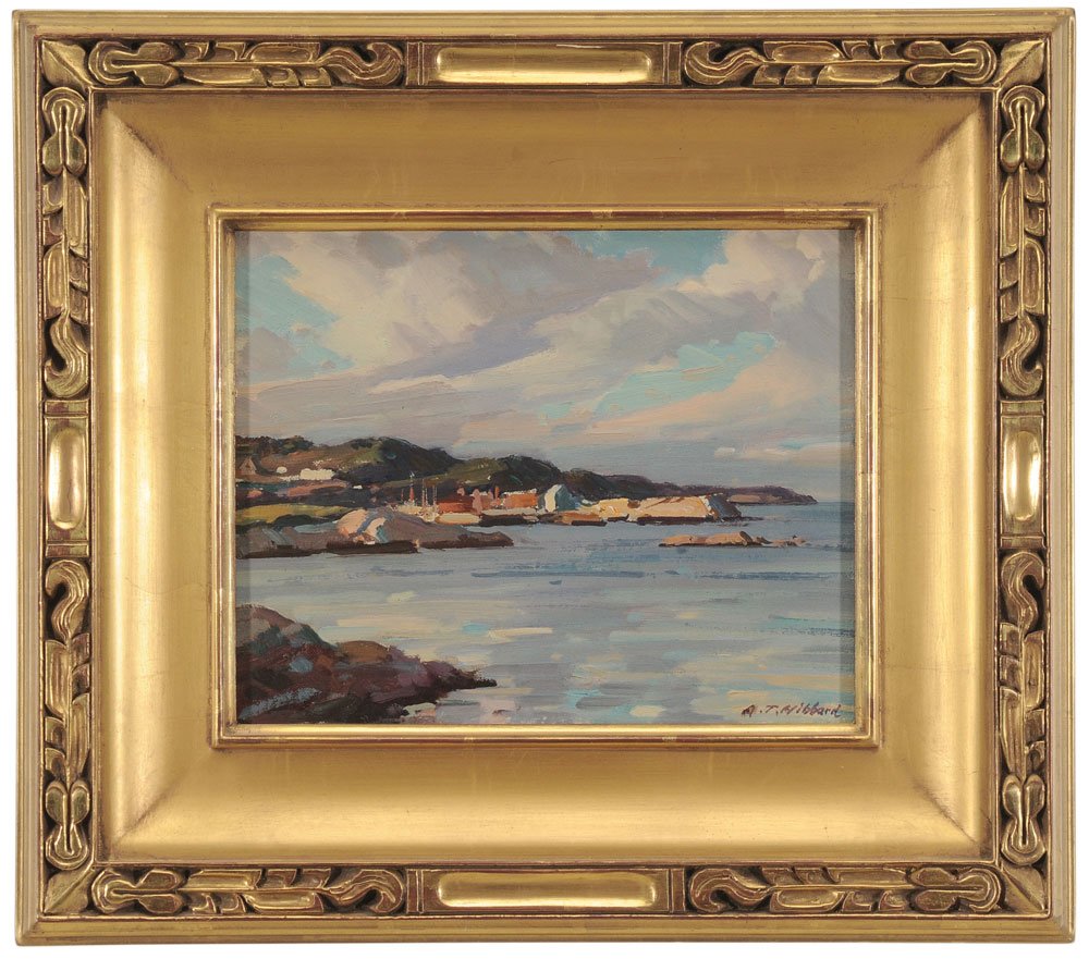 Aldro Thompson Hibbard: (Massachusetts/Vermont, 1886-1972) View of Rockport, signed lower right "A.T. Hibbard", oil on canvasboard, 7-7/8 x 9-3/4 in.; fine carved and gilt wood Arts and Crafts style frame,