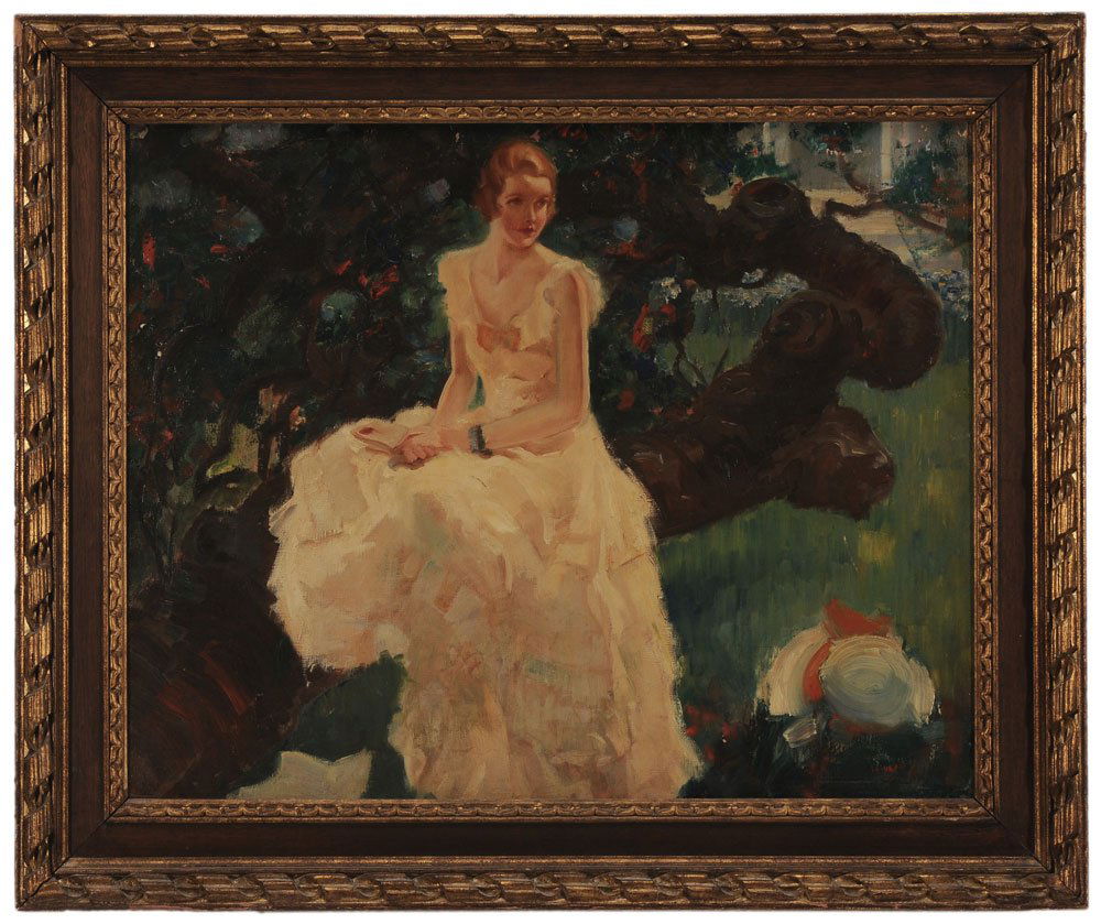 Attributed to James Montgomery Flagg: (New York, 1877-1960) The Golf Widow, circa 1930, unsigned, inscribed verso "18 Dayton", oil on canvas, 25 x 30 in.; carved and parcel gilt wood frame, possibly Heydenryk,