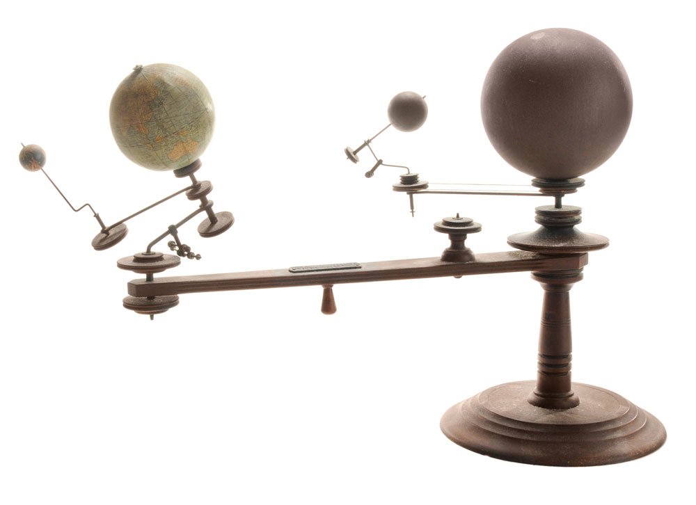 Vintage Patented Laing's Planetarium: "Orrery" American, late 19th/early 20th century, arm with applied metal label "Laing's Planetarium Patented Laing Planetarium Co. Detroit, Mich. USA", with four orbs on a turned varnished fruitwood st