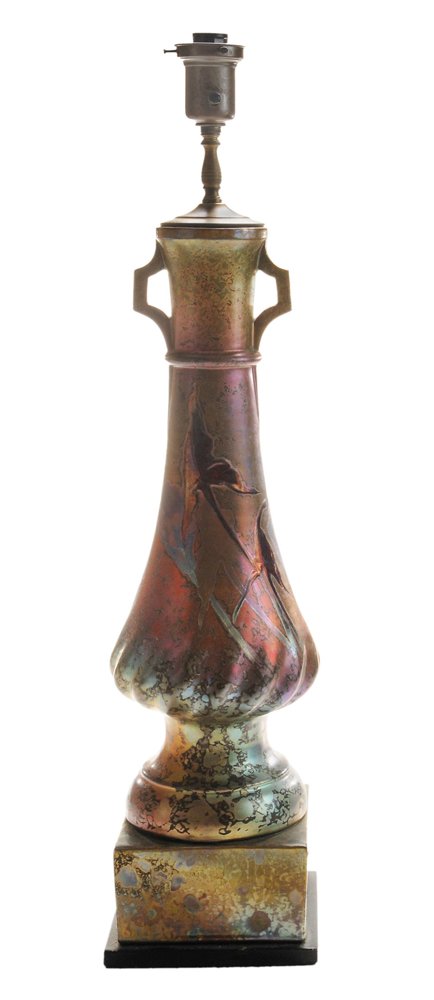 Monumental French Art Nouveau: Iridescent-Glazed Ceramic Urn-Form Lamp attributed to Clement Massier, late 19th/early 20th century, leaf and floral decoration in low relief, fine iridescent purple to blue glaze, twisted urn form se