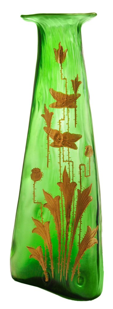 Fine Bohemian Art Nouveau Art Glass: Gilt Vase attributed to Loetz, circa 1900, pontil with gilt signature "A Rupp Meistersdorf Boheme", "324/13"(?), three-sided naturalistic vase with striations and simulated knots, flared rim, one side