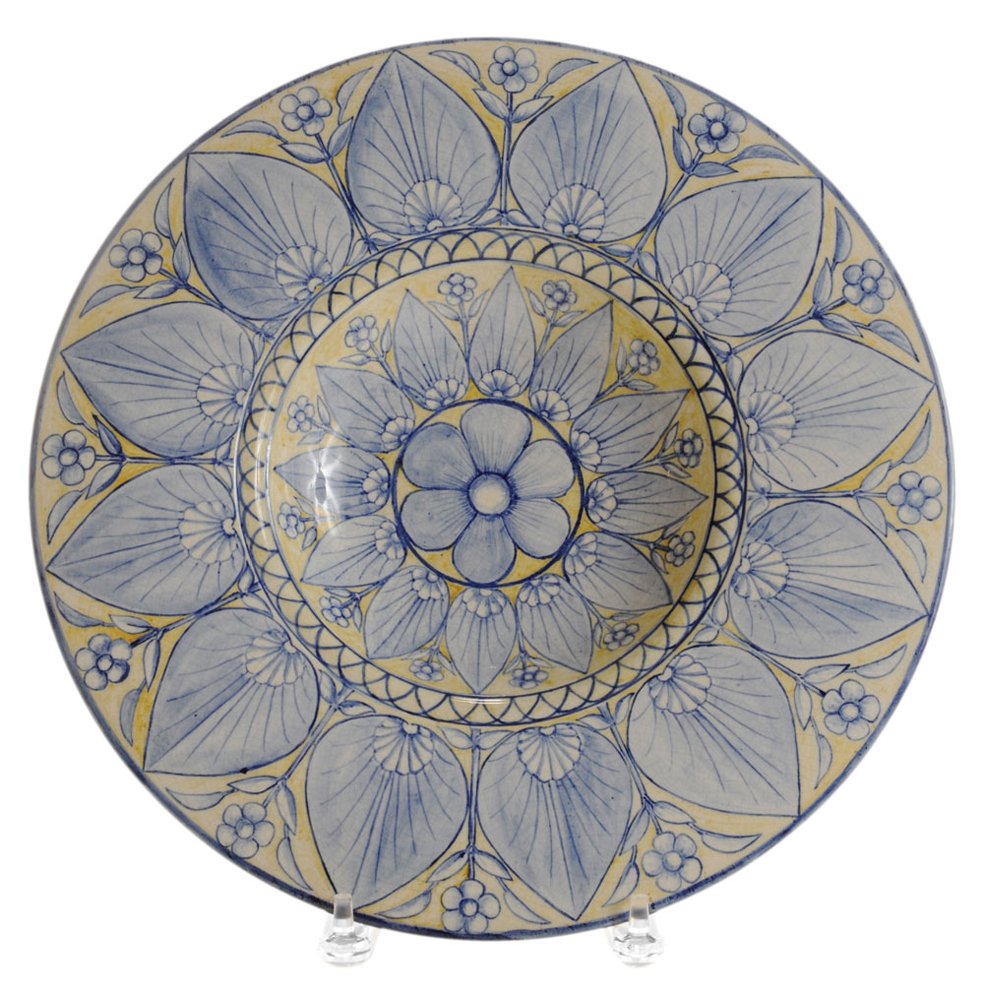Minton Art Nouveau Decorated: Charger or Shallow Bowl impressed mark for Minton and underglaze blue decorator mark "WL[?] 1903", stylized shell, leaf and flower decoration in pale blue on pale yellow ground, 13-3/4 in.,