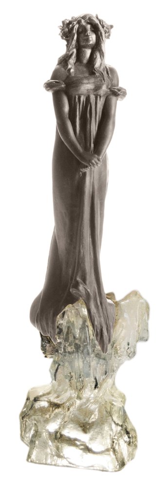 J. Caussé and E. Leveilleé: (French, circa 1900) Art Nouveau bronze-finished cast metal figure of a maiden standing atop a frosted glass rocky plinth-form base, back of maiden signed "J. Caussé", glass unsigned, overall height