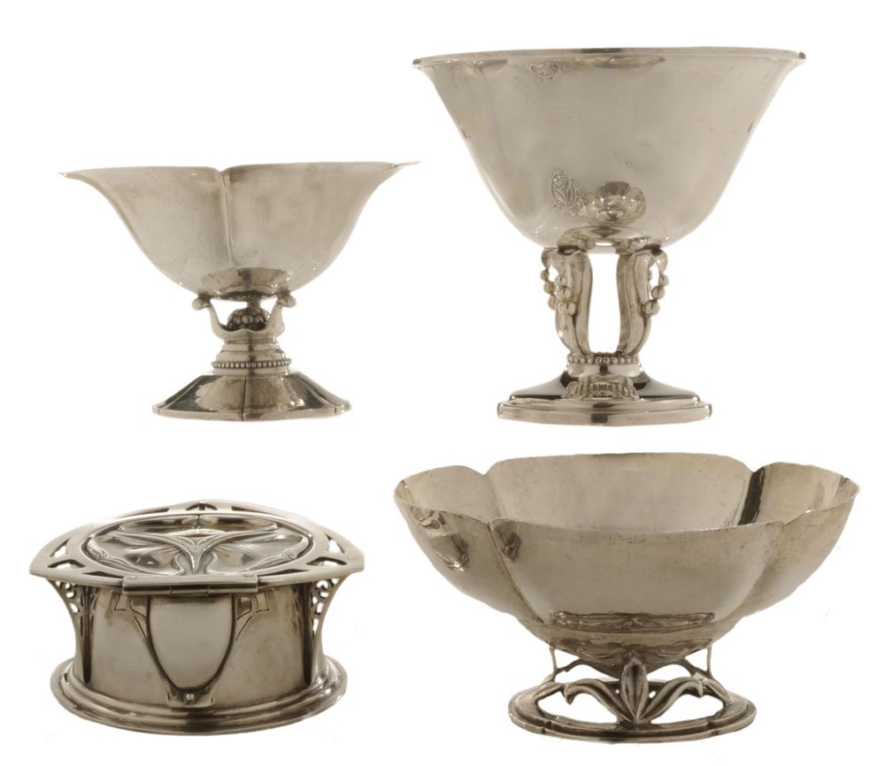 Four Pieces Silver Art Nouveau and: Danish Style Hollowware early 20th century, including Art Nouveau English silver box, marks for William Hutton & Sons, London, 1901, .925 fine, 1-3/4 x 4 x 4-1/4 in.; Randahl sterling oval footed bowl