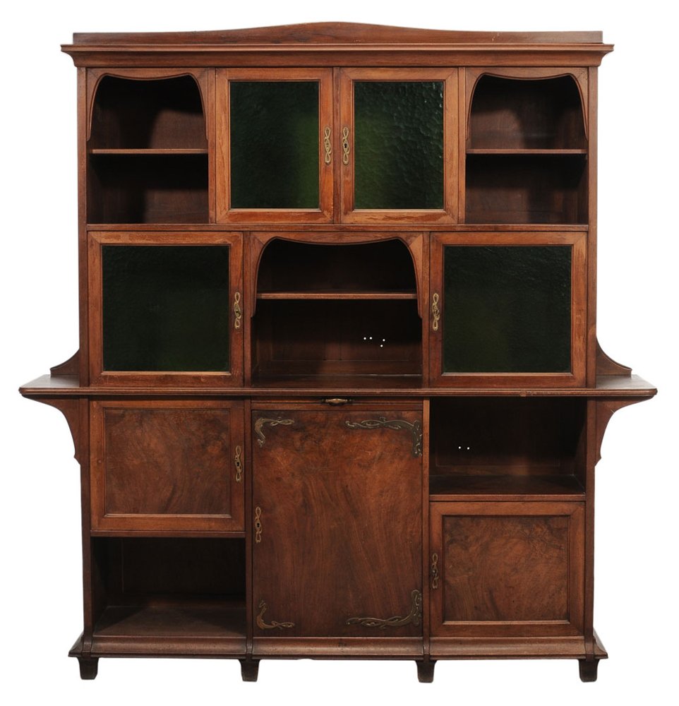 Art Nouveau Figured Walnut and: Stained Glass Cabinet probably French, circa 1900, pull-out mixing board, figured veneers and green stained-glass doors, gilt bronze hinges, escutcheons and corner mounts in the Art Nouveau taste, pan