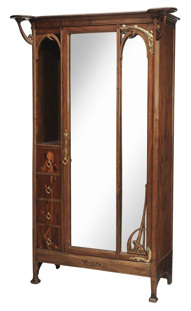 Art Nouveau Marquetry-Inlaid: Mahogany and Mirror-Door Cabinet Leon Bénounille, French, circa 1900, four marquetry-inlaid drawers, fine gilt bronze pulls and escutcheons in the Art Nouveau taste, mirror door with applied openings