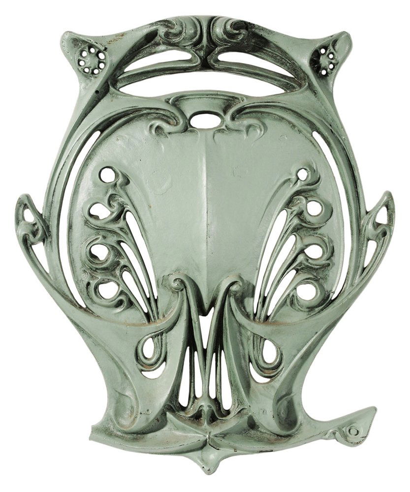 Art Nouveau Painted Iron Panel: designed by Hector Guimard for the Paris metro, execution date unknown, cartouche form with stylized openwork design, 30-1/2 x 24-1/2 in.,