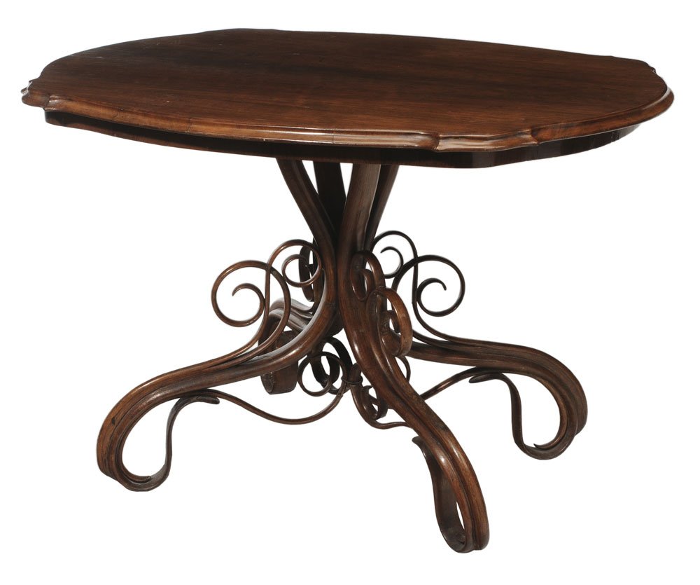 Austrian Bentwood Center Table: attributed to Thonet, cartouche-form bookmatch-veneered top over an elaborate bentwood pedestal base, unsigned, 30-1/2 x 44-1/2 x 33 in.,