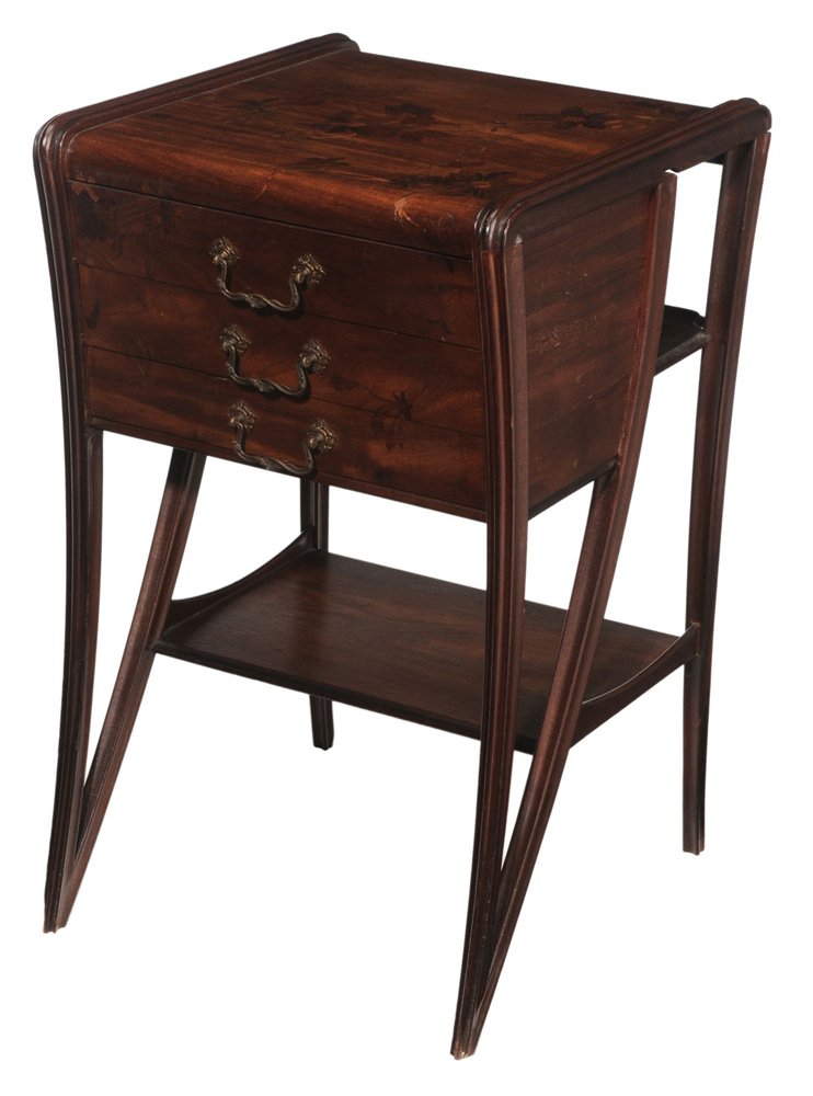 French Art Nouveau Marquetry-Inlaid: Walnut Three-Drawer Stand attributed to Louis Majorelle, circa 1900, floral and foliate marquetry inlays, three dovetailed drawers with mahogany secondary, original bronze drawer pulls, 31-1/2 x 19-1/