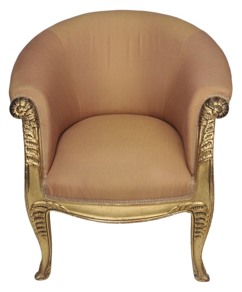 French Art Nouveau Carved and Gilt: Wood Tub Chair Louis Majorelle, circa 1900, scrolled fern leaf-carved arms and legs, 32 x 31 x 27 in.,