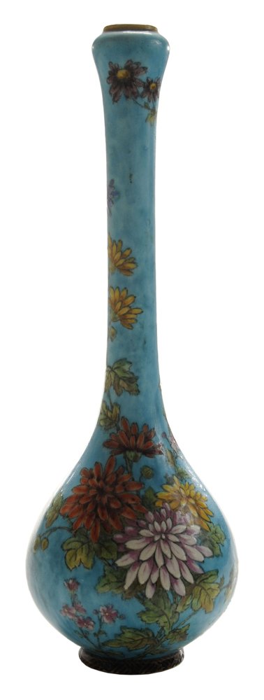 Theodore Deck Aesthetic Movement: Ceramic Bud Vase French, late 19th century, base with mark for "Th. Deck" in red, paper label for "Gilman Collamore & Co. Union Square, New York", enameled floral decoration on bright turquoise ground