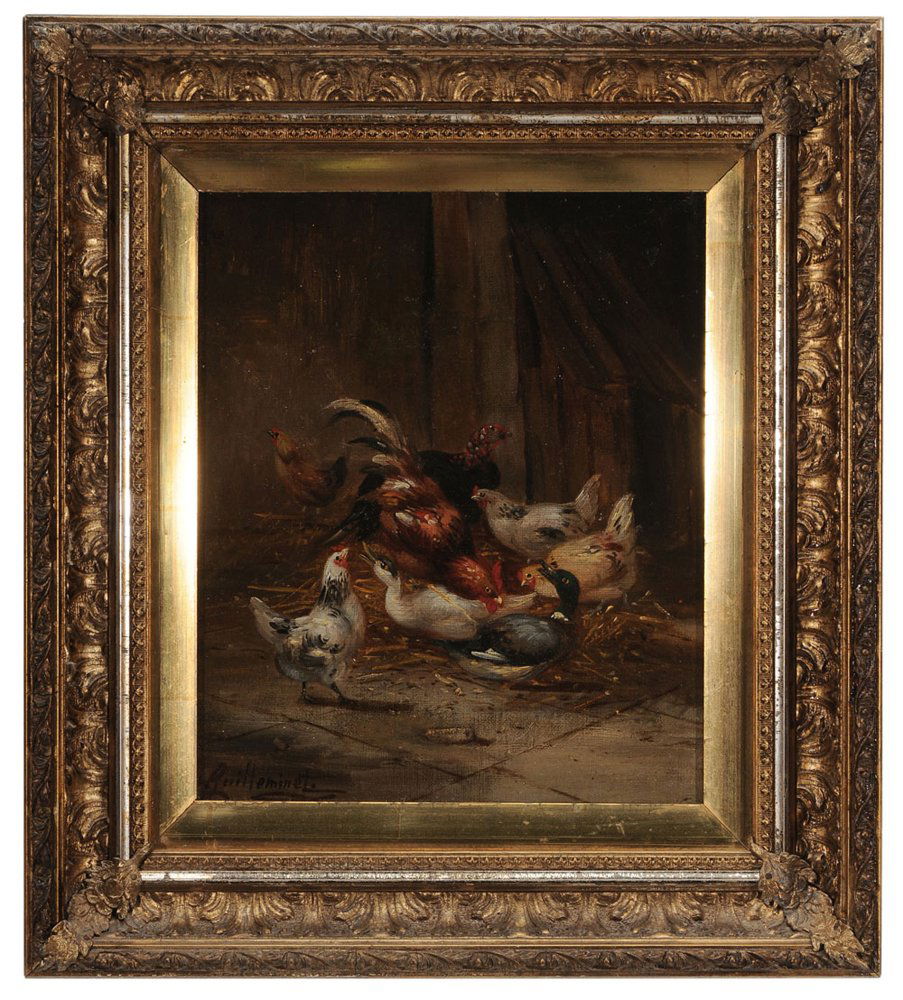 Claude Guilleminet: (French, 1821-1860) Chickens and Ducks in a Barn, signed lower left "Guilleminet", oil on canvas, 12 x 10 in.; 19th century gilt wood and composition frame,