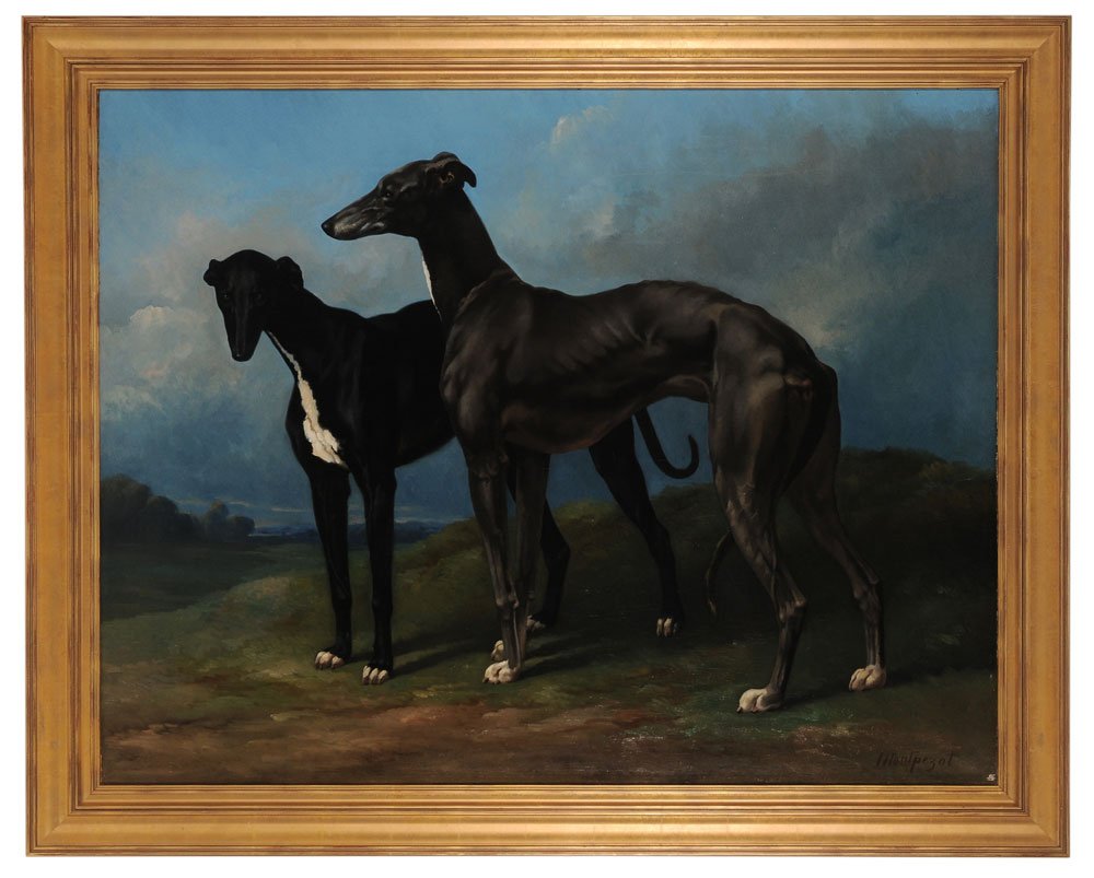 Henri D'Ainecy Montpezat: (or Henri Auguste de Montpezat, French, 1817-1859) Two Greyhounds, signed lower right "Montpezat", oil on canvas, 45 x 57-1/2 in.; modern gilt wood frame,