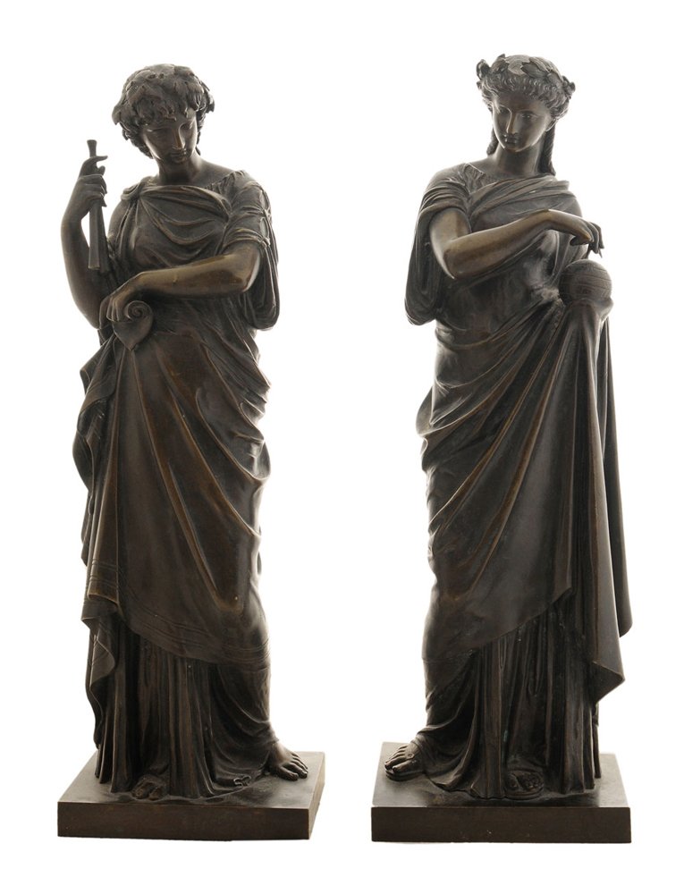 Mathurin Moreau: (French, 1822-1912) Two Allegorical Neoclassical Figures representing Science and Music, signed on bases "Min. Moreau", patinated bronze, 16 in. and 15-1/4 in.,