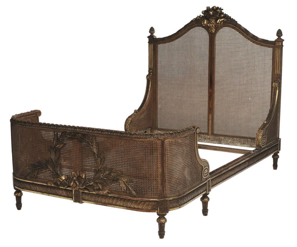 Louis Philippe Carved, Gilt and: Caned Bedstead French, second half 19th century, caned headboard with basket-and-flower carved crest and artichoke finials, double-caned footboard with wreath-and-ribbon appliques, 61-1/2 x 56-1/2 x 8