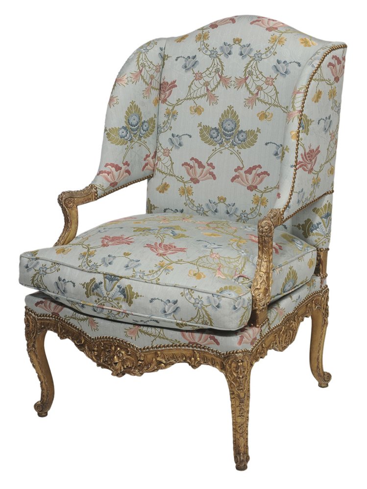 Venetian Baroque Style Carved and: Gilt Wood Upholstered Open-Arm Chair Italian, probably 19th century, finely carved frame set with floral silk damask upholstery on pale blue ground, 43 x 30 x 27-1/2 in.,