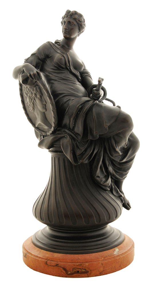 After Georg Raphael Donner: (Austrian, 1693-1741) Allegorical figure for Providence (from the Danube Well), signed "Raphael Donner inv", patinated bronze on orange marble base, 19 in.,