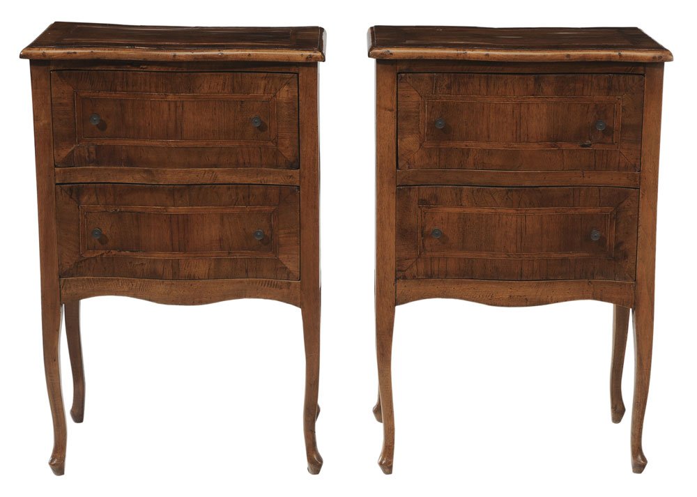 Pair Italian Provincial Figured Walnut: Two-Drawer Petit Commodes 20th century, incorporating some early elements, each with inlaid top and two serpentine drawers, paper-lined interiors, cabriole legs, 29 x 19 x 11-1/2 in,