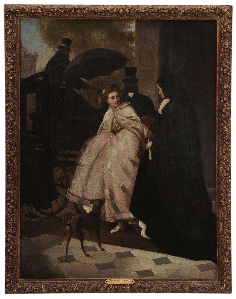 French School: (19th/20th century) [Vers L'Opera], a woman readying to enter a carriage, with frameplate attribution to Jacques J. Tissot (1836-1902), unsigned, oil on canvas, 27-1/4 x 21-1/2 in.; gilt wood and comp