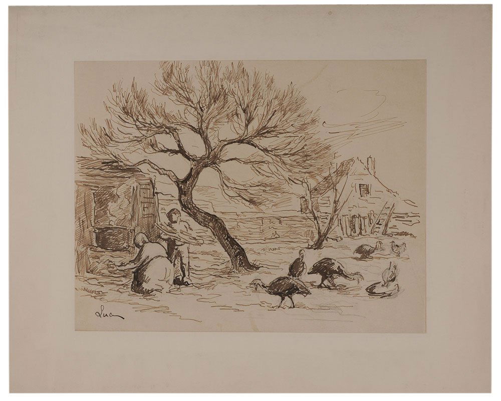 Maximilien Luce: (French, 1858-1941) [Les Dindons] and inscribed verso card [Coeur de ferme], signed lower left "Luce" and stamped "Luce" verso backing card, ink on paper laid on card, 9-5/9 x 12-3/4 in.; unframed,
