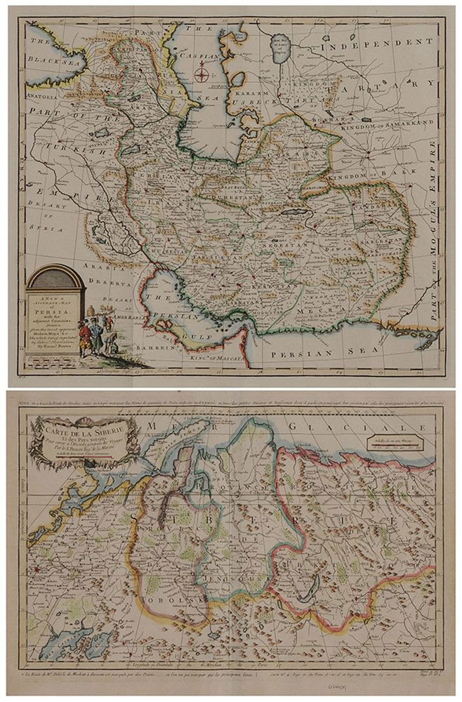 Two Hand-Colored Maps, Siberia and: Persia [A New and Accurate Map of Persia], with adjacent countries, by Emanuel Bowen, London, circa 1747, 14 x 17 in (plate), 16 x 18-1/2 in. (page); with [Carte de la Siberie, et des Pays voisins] by
