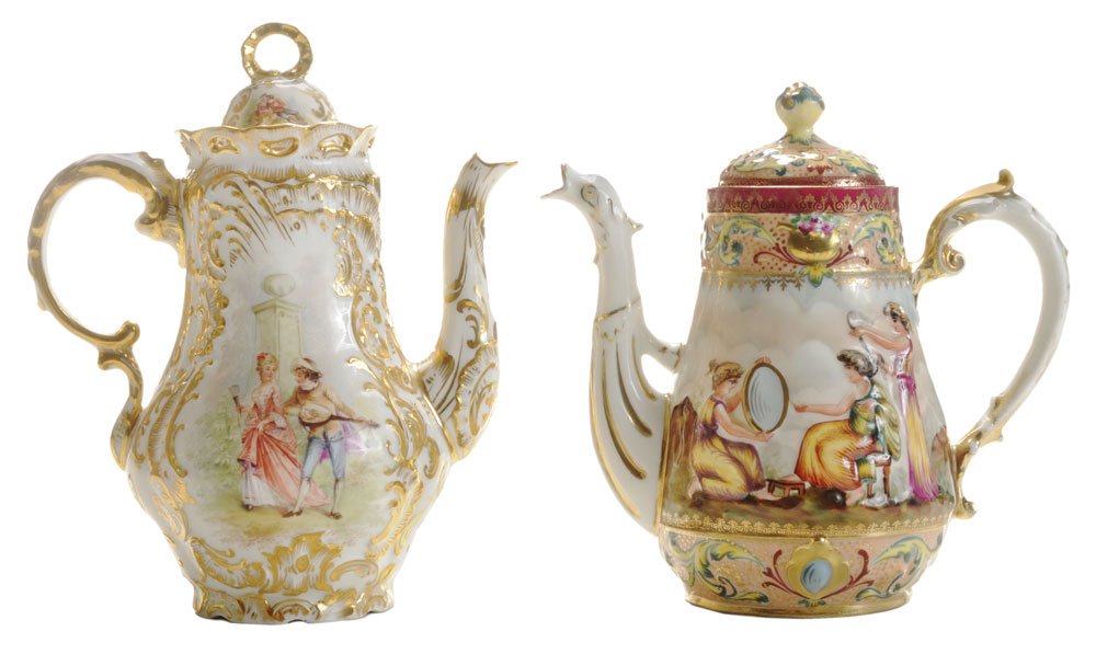 Dresden Porcelain Coffeepot,: Capodimonte Coffeepot German and Italian, early 20th century: heavily gilt and hand-painted Dresden coffeepot, young couple in a garden, marked in script "Dresden", 8-1/4 in., [good condition;] Capodi