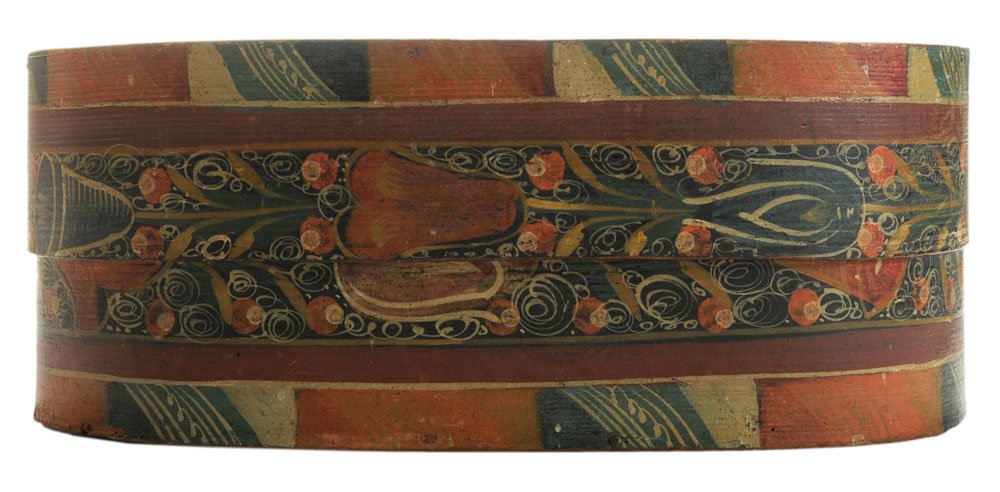Continental Hand-Painted Bentwood: Bride's Box 19th century, cover with hand-painted couple standing in elaborate stylized floral landscape, dated 1828 below lines of German, body with floral and scenic designs, 7-1/4 x 18-5/8 x 12 in.