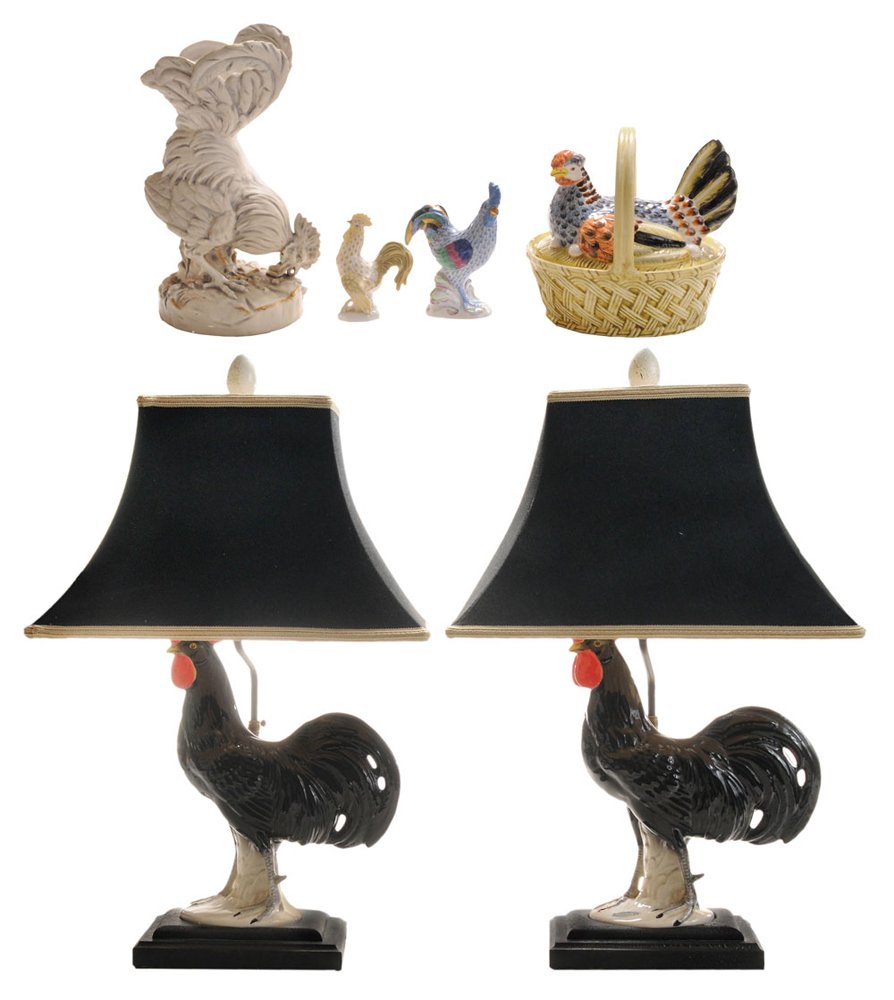 Herend, Royal Dux, Tiffany Ceramic: Pieces two Herend chicken figures, one blue, 6031", 5-1/4 in., one yellow and gold, 4-1/2 in.; Royal Dux Bohemian figural rooster vase, "792", triangular Royal Dux mark, early 20th century, 11-1/2 in.