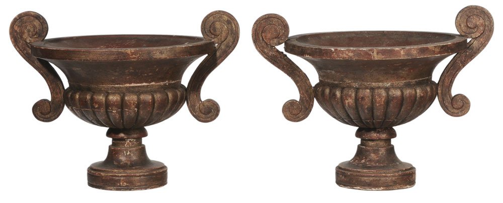 Pair Carved and Silver Leaf Wood: Classical Urns Italian, late 19th century, each with scrolled handle and ribbed body, interiors with tole floors, circular pedestal base, 14 x 19-1/2 in.,